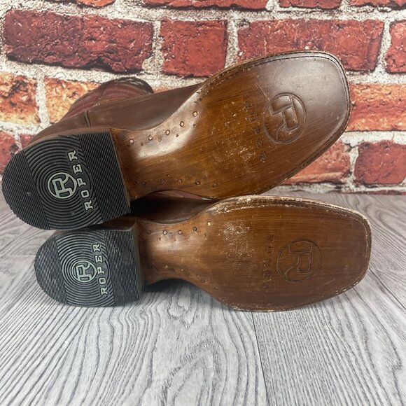 Roper Womens Brown/Red Leather Old Glory Americana Cowboy Boots - Picture 4 of 6